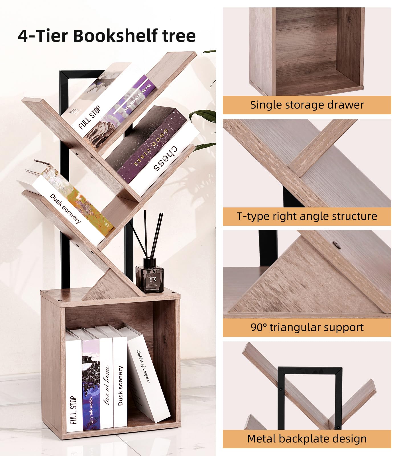 YSVCO 4 Tier Book Tree Bookshelf, Wooden Small Book Shelf with Storage Cabinet, Modern Freestanding Bookcase, Floor Standing Display Organizer for Small Spaces, Living Rooms, Home Offices, Gray BS34GB