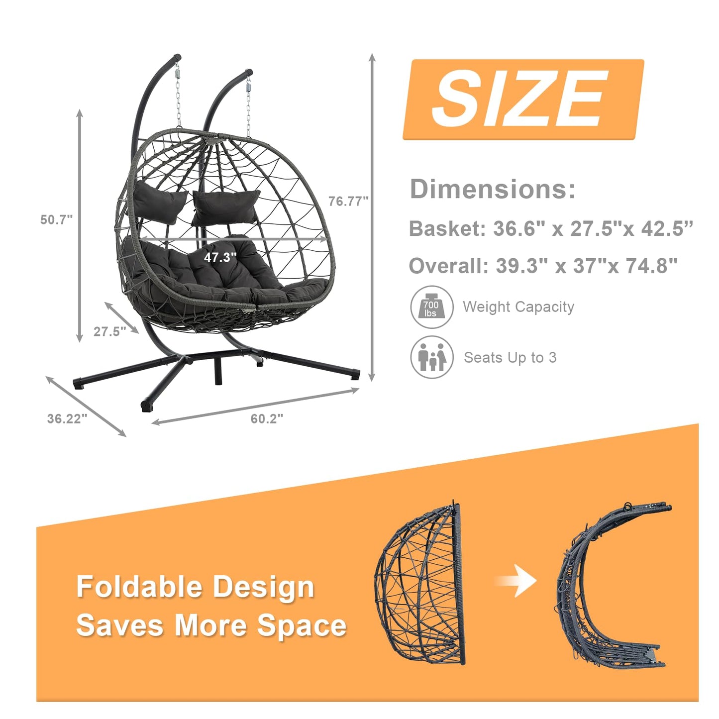 2 Person Double Egg Swing Chair with Stand Indoor Outdoor, Hammock Egg Chair Outdoor, Patio Wicker Hanging Egg Chair w/Cushion 700LBS Capacity for Bedroom, Balcony, Garden, Dark Grey