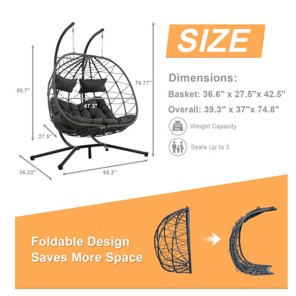 2 Person Double Egg Swing Chair with Stand Indoor Outdoor, Hammock Egg Chair Outdoor, Patio Wicker Hanging Egg Chair w/Cushion 700LBS Capacity for Bedroom, Balcony, Garden, Dark Grey