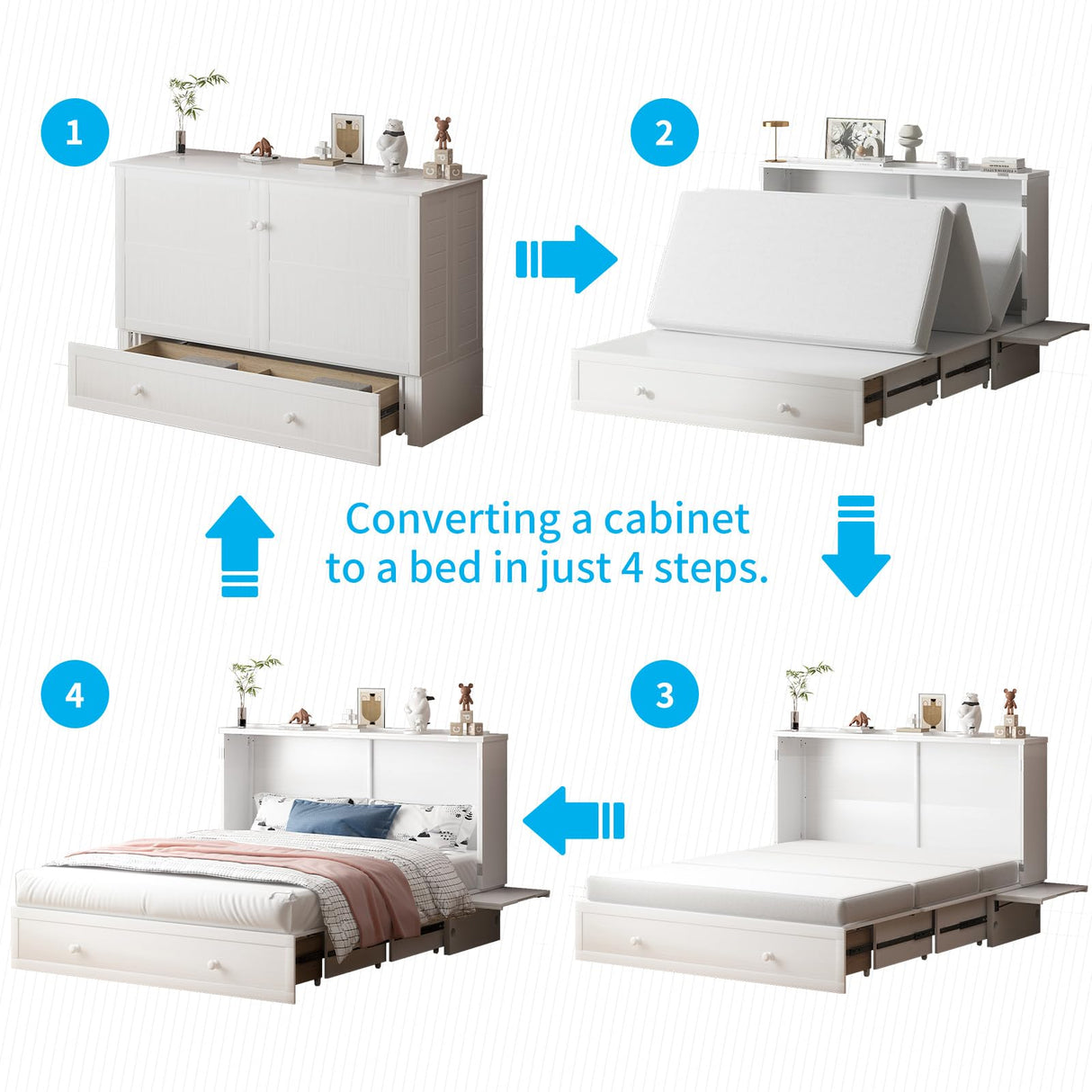 Mjkone Murphy Bed Queen Cabinet Bed with Tri-fold Mattress and Built-in USB Charging & 2 Drawers & Bedside Panel, Hidden Guest Beds, Murphy Cube Chest Cabinet Beds for Bedroom/Apartment - White Mjkone