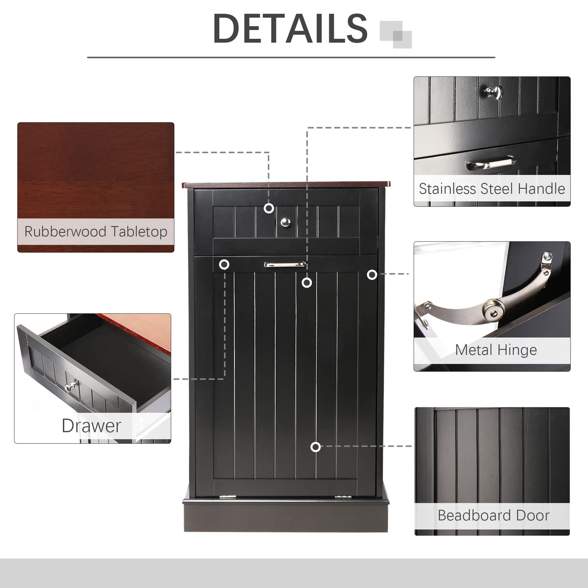 TOLEAD Tilt Out Trash Cabinet,Antique-Style Beadboard Kitchen Island with Solid Wood Tabletop & Drawer, Pet Proof Trash Can, Wood Laundry Cabinet (Single Black) TOLEAD