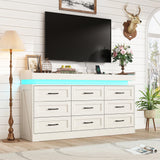 Hlivelood Large Farmhouse 9 Drawers Dresser for Bedroom with LED Light and Power Outlets,63" Wide Wood Rustic 9 Chests of Drawers for Closet,Tall Storage Dresser Organizer for Bedroom(Antique White) Hlivelood