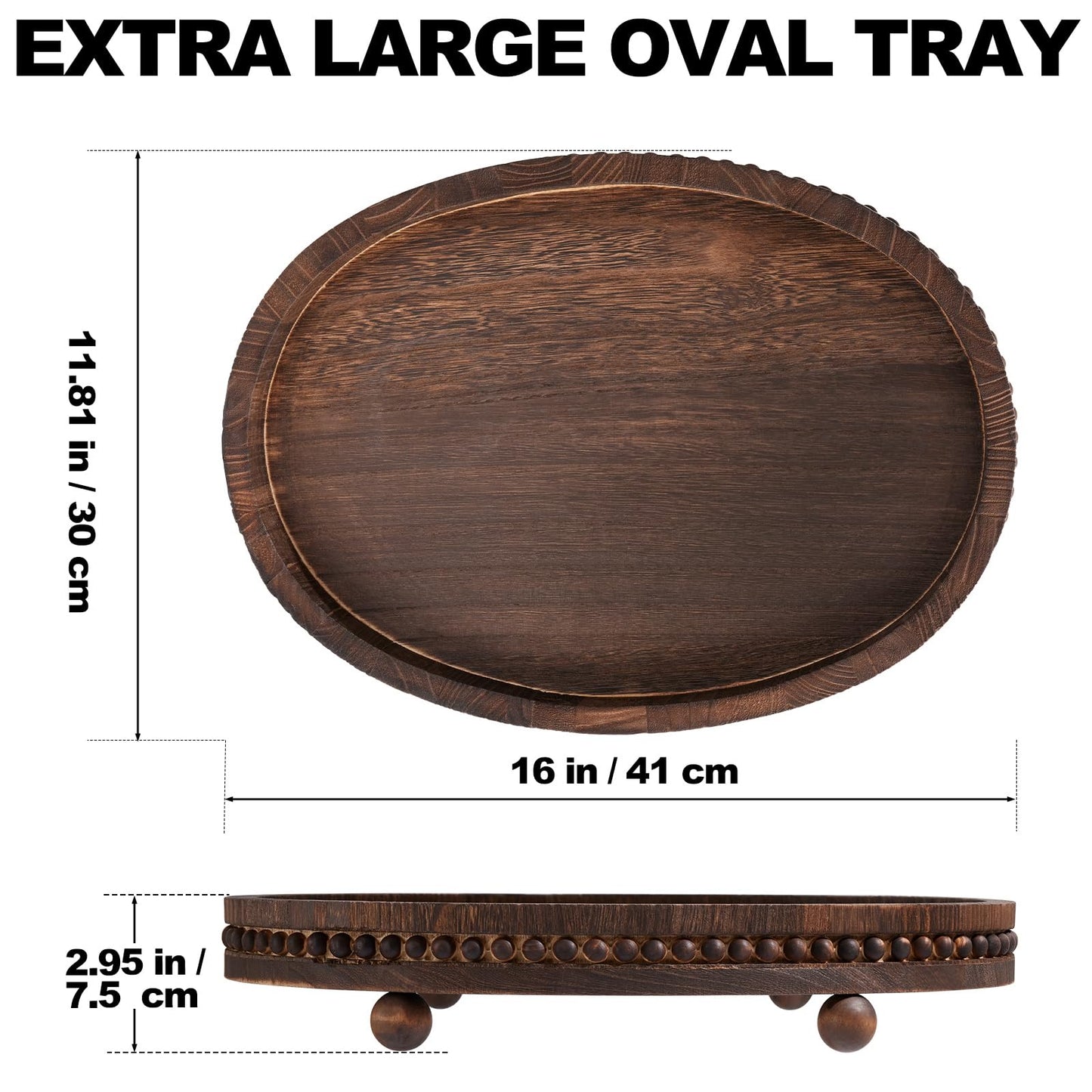 HouseJoy Wooden Decorative Tray-16×11.8" Oval Distressed Coffee Table Tray Decor ，Kitchen Dining Table Serving Tray Home Decor Thanksgiving Table Decor,Wood Beaded Farmhouse Tray for Bathroom Decor