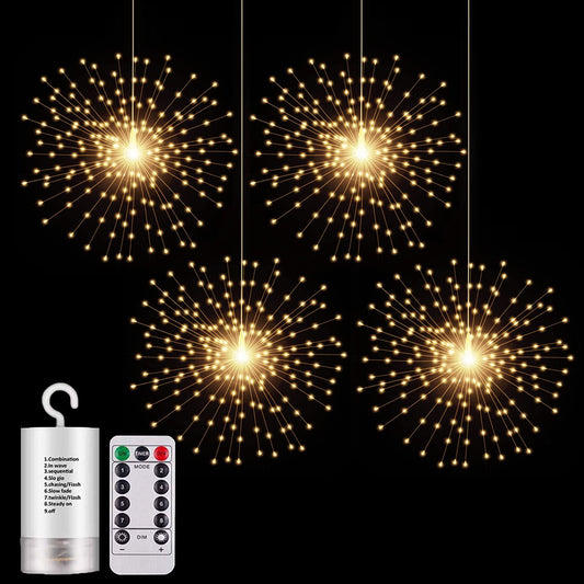 PXBNIUYA 4 Pack Starburst Sphere Lights,200 LED Firework Lights, 8 Modes Dimmable Remote Control Waterproof Hanging Fairy Light, Copper Wire Lights for Patio Parties Christmas (Battery Operated)