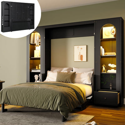 HSUFLWS Queen Size Murphy Bed with Shelves & Cabinets, Foldable Wall Bed with LED Lights, Drawers & Desk, Modern Space Saving Wooden Bed Frame, 500 lbs Capacity (Black)