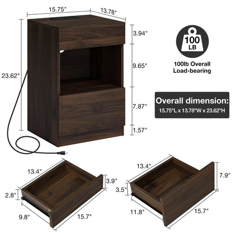 HOMMPA Open Shelf LED Nightstand with Charging Station Dark Walnut 2 Drawers Bedside Table with Led Light Night Stand with Storage Smart Nightstand Wood Night Table Mid Century for Bedroom Furniture HOMMPA