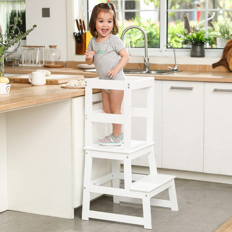 Kids Kitchen Step Stool for Kids with Safety Rail,Solid Wood Construction Toddler Learning Stool, Montessori Toddlers Kitchen Stool Tower (White) Wiifo