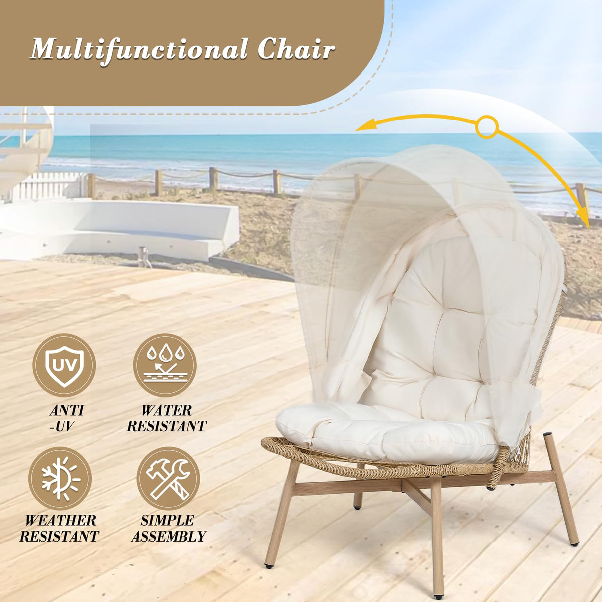 Athena Collection Patio Wicker Egg Chair with Folding Canopy, All-Weather Rattan Patio Lounge Chair with Sun Shade, Balcony Furniture Outside Seating for Front Porch, Garden, Poolside, Outdoor, Beige Athena Collection