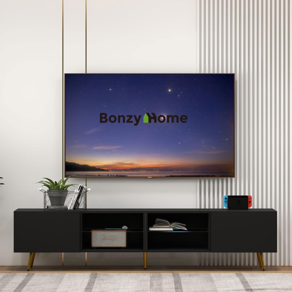Bonzy Home 86" TV Stand, Modern Entertainment Center for 75" TV, Television Console Table with Storage Cabinets for Living Room, Black Bonzy Home