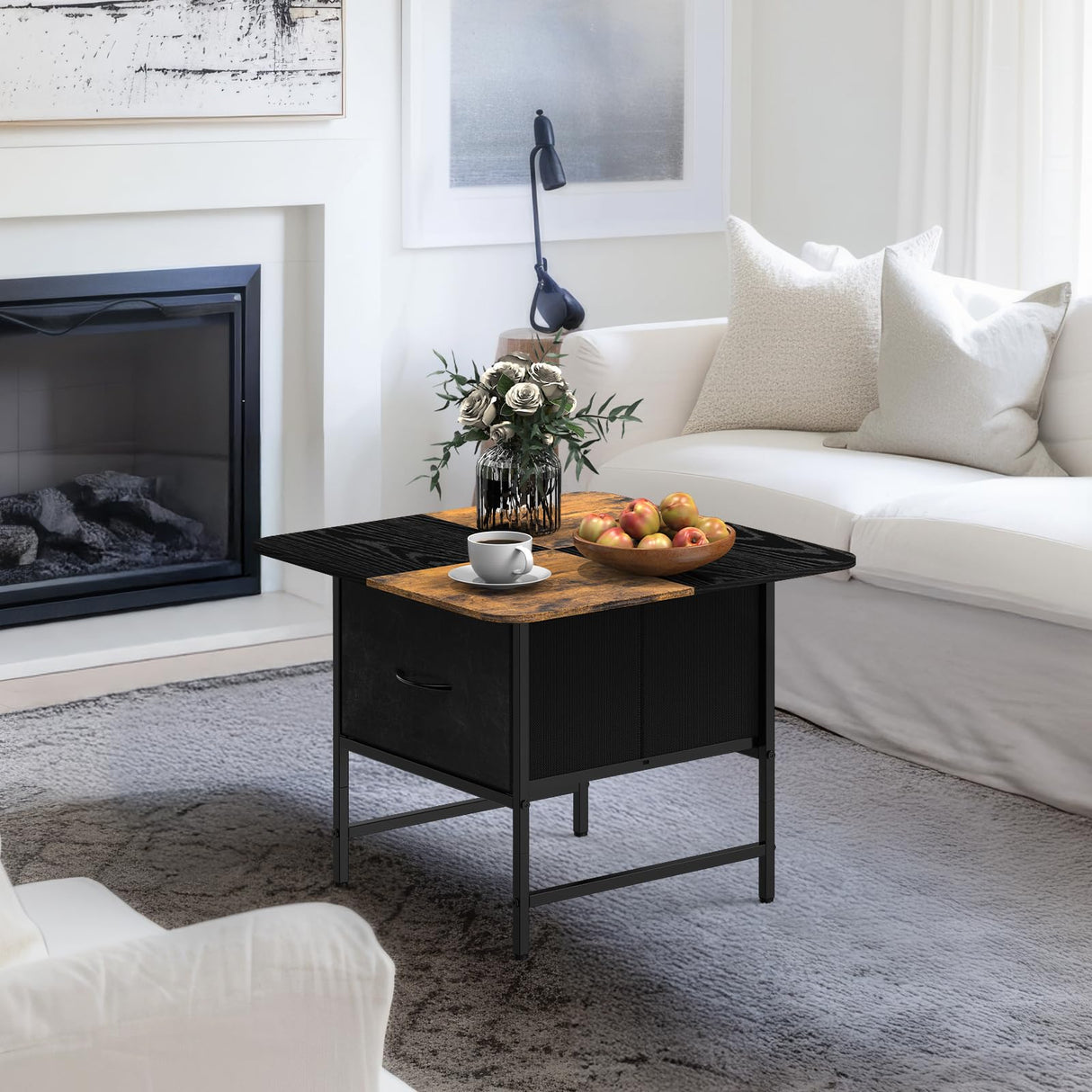 SHINOSKE Square Coffee Table with Round Corners,2 Tier Farmhouse Small Coffee Table for Small Space,Modern Low Center Living Room Tables with 2 Storage Drawers for Apartment,Office,Outdoor,Black Brown Shinoske