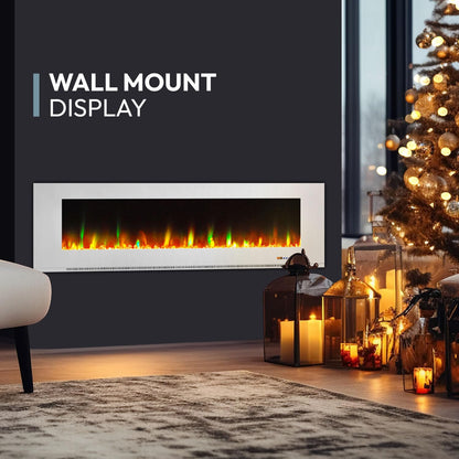 Cambridge 72 Inch Wall Mount Electric Fireplace Heater with Remote Control, Multicolor Flames, and Crystal Rock Display for Indoor Use in Living Room, Bedroom, Home Office, White