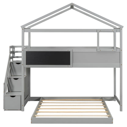 Harper & Bright Designs House Bunk Bed with Stairs,Twin Over Full Bunk Beds with Blackboard,Wood Kids Floor Bunk Bed Frame with Storage Shelves,Space-Saving Design, Gray