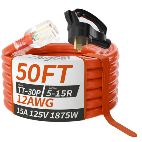 PlugSaf RV 30 Amp to 110 Adapter Cord Extension 50 FT, NEMA TT-30P to NEMA 5-15R Heavy Duty Outdoor RV Electrical Adapter with Grip Handle, 12AWG 15Amp 125V 1875W, Black-Orange, ETL Listed PlugSaf