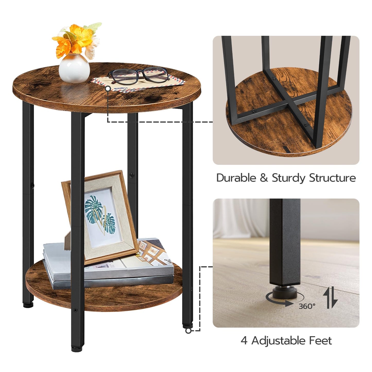 HOOBRO Side Table, Round Sofa Couch Table with Storage Shelf, 2-Tier Industrial End Table, Stable Metal Frame, Wooden Look Accent Table for Small Spaces, Living Room, Bedroom, Rustic Brown BF58BZ01G1