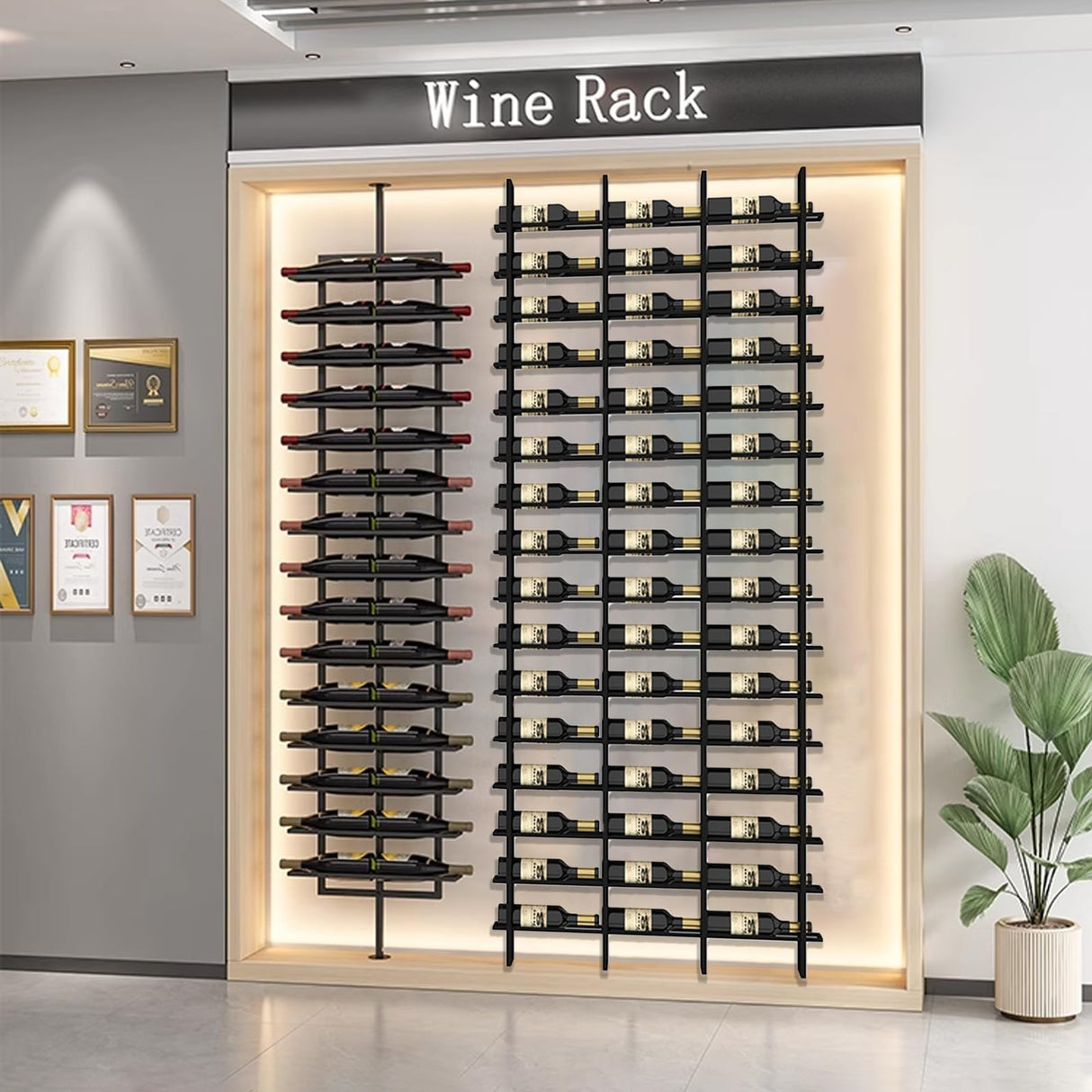 amhricho Wall Mounted Wine Rack, H 94.5INCH, 16 Rows, Black 48 Bottle, Metal Wine Bottle Holder for Home Bar, Wine Kitchen Storage (Black, 3 Columns) amhricho