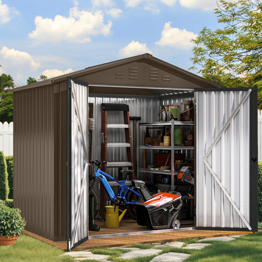 DWVO 6x4ft Storage Shed for Outdoors, Metal Sturdy Weatherproof Tool Locker with Secure Door and Ventilation for Equipment, Mowers, Bikes, Outdoor Spaces, Brown DWVO