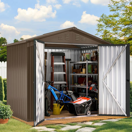 DWVO 6x4ft Storage Shed for Outdoors, Metal Sturdy Weatherproof Tool Locker with Secure Door and Ventilation for Equipment, Mowers, Bikes, Outdoor Spaces, Brown DWVO