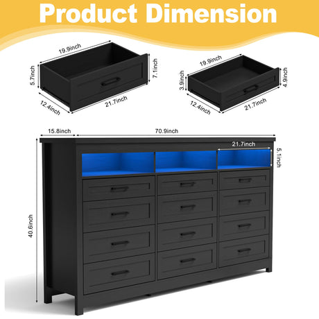 Hlivelood Farmhouse 12 Drawer Dresser with LED Lights, 71" Wide Large Chest of Drawers for Bedroom, Modern Wood Dresser Storage Organizer with Charging Station for Living Room, Bedroom, Hallway, Black Hlivelood