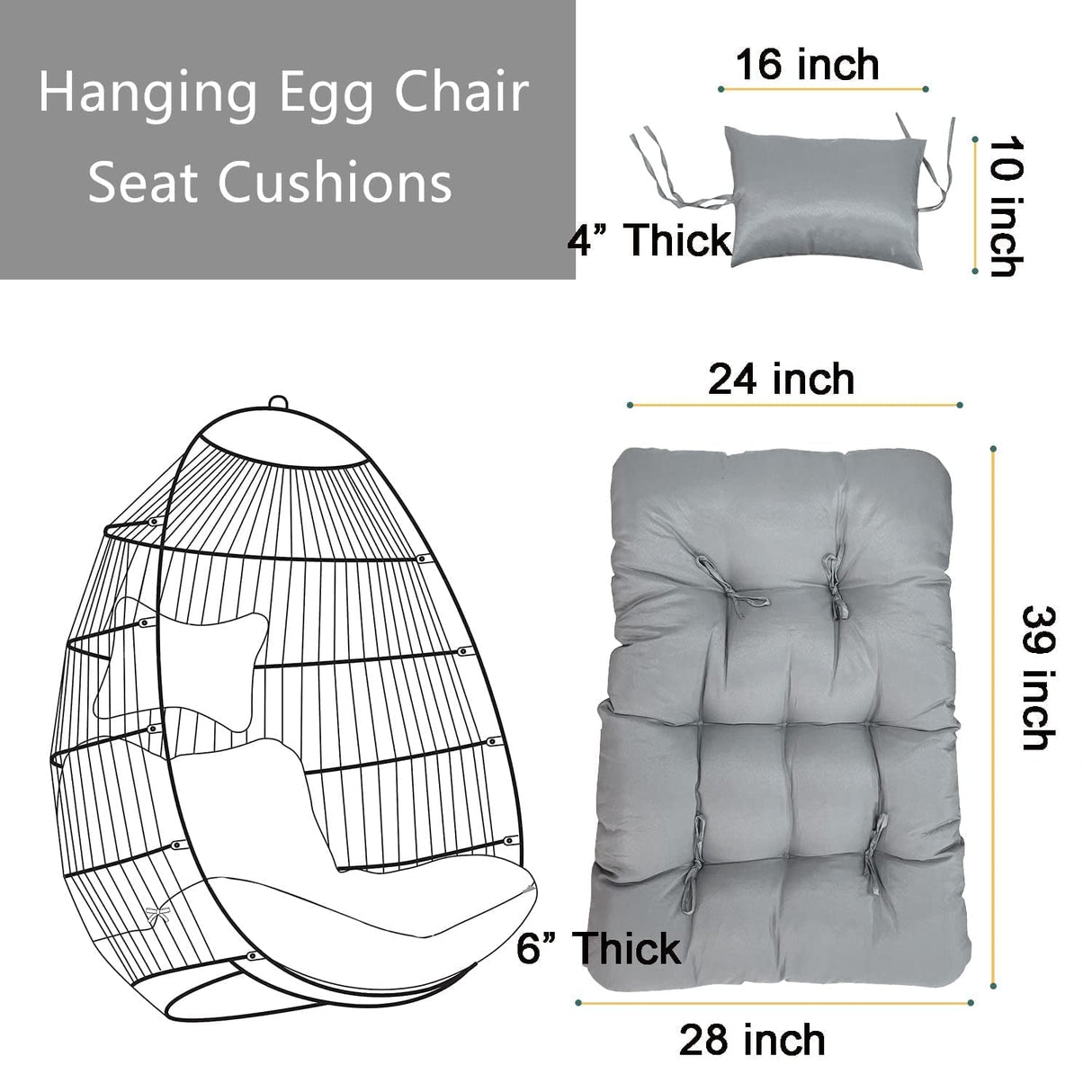 Enipate Outdoor Hanging Egg Chair Cushion, Water-Resistant Tufted Swing Basket Chairs Cushion Pads with Headrest Pillow Enipate