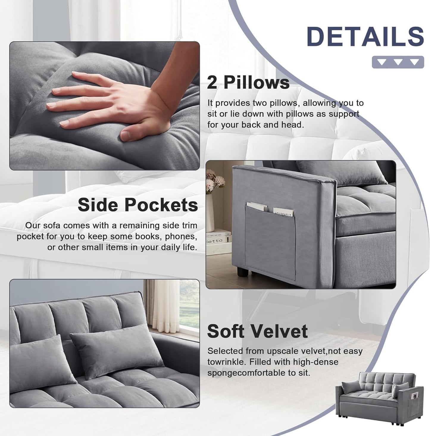 3-in-1 Pull Out Couch, 55.3'' Convertible Futon Sofa Bed, Velvet Sleeper Loveseat with Pillows, Pockets, Small Sofa Cama for Living Room, Apartment, Grey