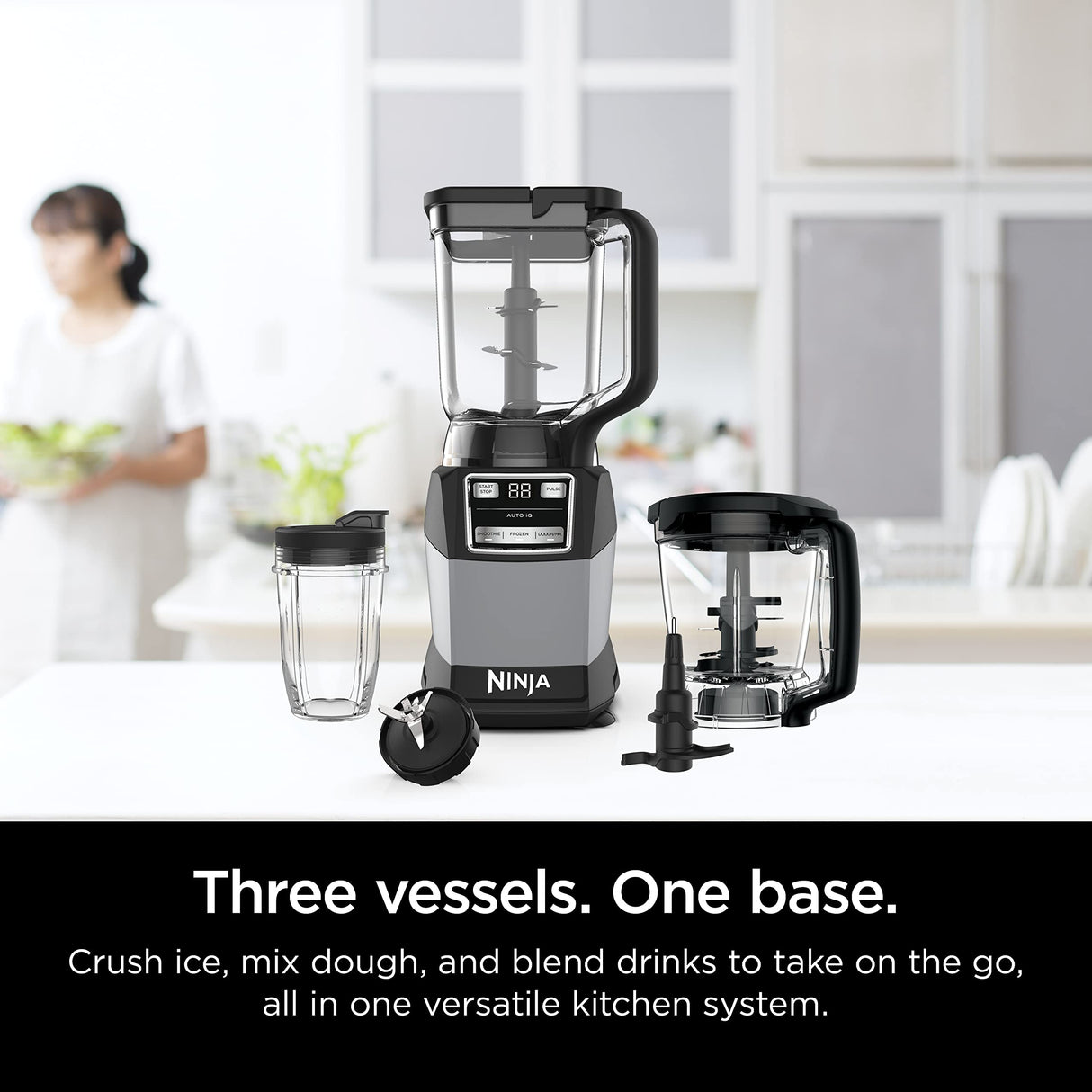Ninja Blender, Compact Kitchen System, 1200W, 3 Functions for Smoothies, Dough & Frozen Drinks with Auto-IQ, 72-oz.* Blender Pitcher, 40-oz. Processor Bowl & 18-oz. Single-Serve Cup, Grey, AMZ493BRN Ninja