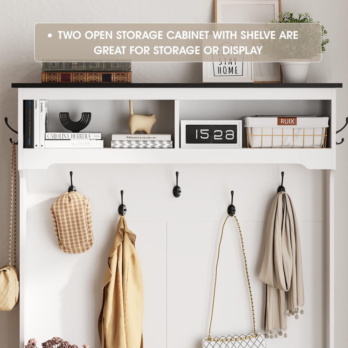 Maupvit Farmhouse Narrow Coat Rack with Shoe Storage, 12 Shoe Cubbies & 7 Coat Hooks, Entryway Furniture with Hall Tree, Ideal for hallways, Living Rooms and Mudrooms, White Maupvit