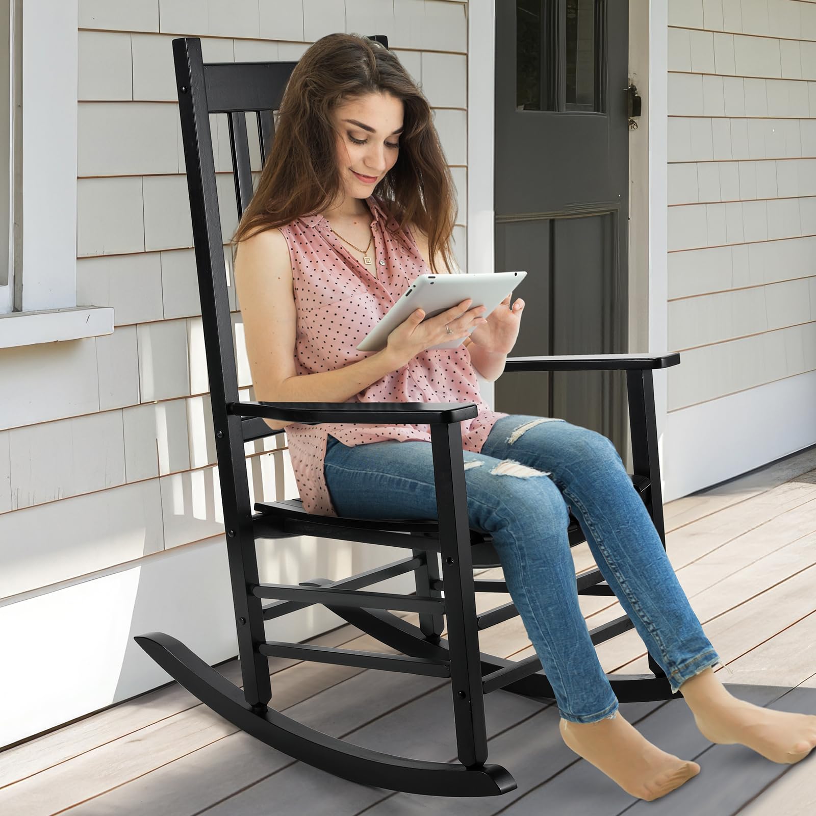 TLGREEN Outdoor Rocking Chair, Solid Wood Oversized Rocking Chair Outdoor with Wide Seat，All Weather Porch Patio Wooden Rocking Chair, Easy to Assemble for Indoor,Outdoor （Black） - WoodArtSupply