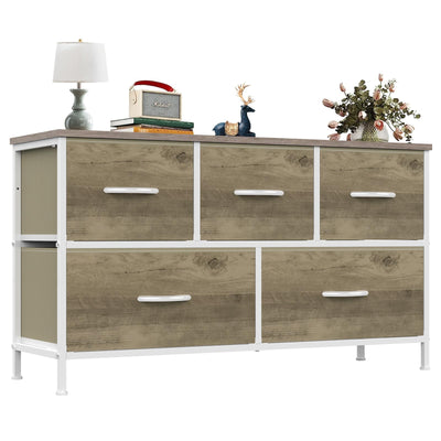 OLIXIS Dresser for Bedroom with 5 Drawers, Wide Chest of Drawers, Fabric Bedroom Dresser with Drawer Organizer, Storage Organizer Unit with Fabric Bins for Closet, Living Room, Hallway, Greige Oak