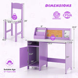 Costzon Kids Desk and Chair Set, Wooden Children Study Table with Storage, Hutch, Cork Bulletin Board, Whiteboard & Marker, Student Computer Workstation Writing Desk for Kids Bedroom, School, Purple Costzon