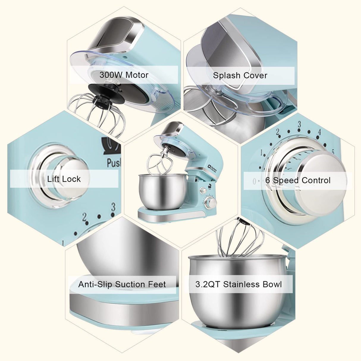 Kitchen in the box Stand Mixer,3.2Qt Small Electric Food Mixer,6 Speeds Portable Lightweight Kitchen Mixer for Daily Use with Egg Whisk,Dough Hook,Flat Beater (Blue) Kitchen in the box