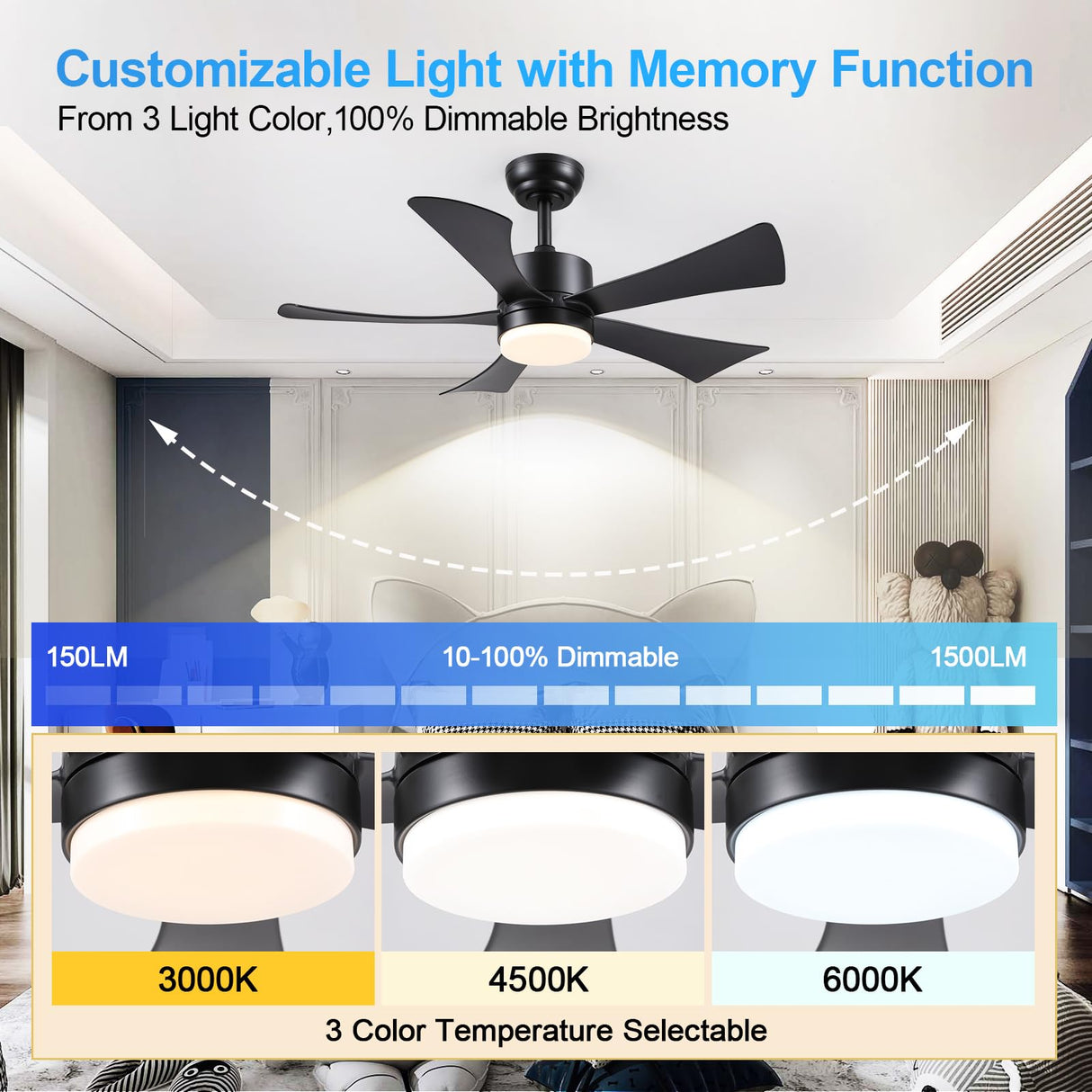 42 inch Ceiling Fans with Lights, Modern Black Ceiling Fan with Remote Control App, DC Motor Quiet, 3CCT Dimmable Memory, Led Sloped Flat Ceiling Fan with Light for Bedroom Indoor&Outdoor Patio BayDay
