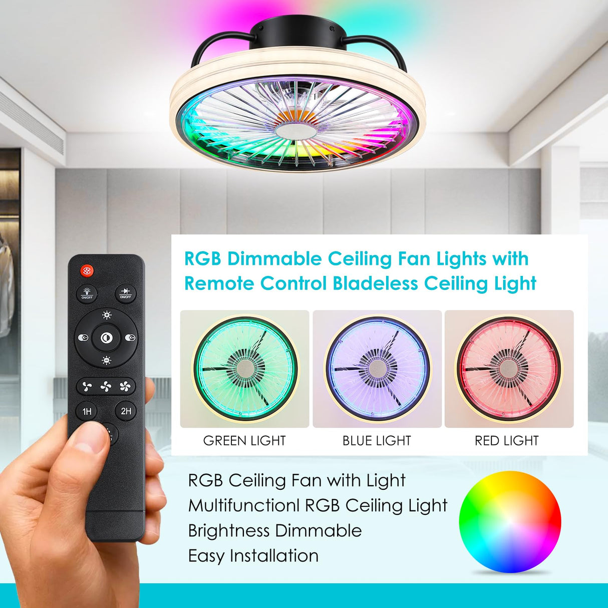 Low Profile Ceiling Fan with Light - Modern Flush Mount Ceiling Fan,15" RGB Dimmable LED Enclosed Ceiling Fans,Modern Bladeless LED-RGB Ambient Light for Bedroom Kids Room Party（Black） Mpayel