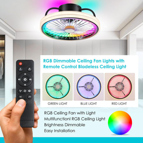 Low Profile Ceiling Fan with Light - Modern Flush Mount Ceiling Fan,15" RGB Dimmable LED Enclosed Ceiling Fans,Modern Bladeless LED-RGB Ambient Light for Bedroom Kids Room Party（Black） Mpayel