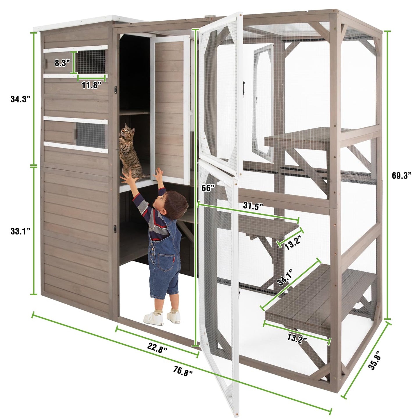 PetsCosset Large Outdoor Catio Cat Enclosures with Hidden Room,4 Story Cat House for Outsider Indoor Cats,Wooden Kitten Cage with Weatherproof Roof,3 Resting Rooms,7 Platforms,2 Open Doors - 77" H