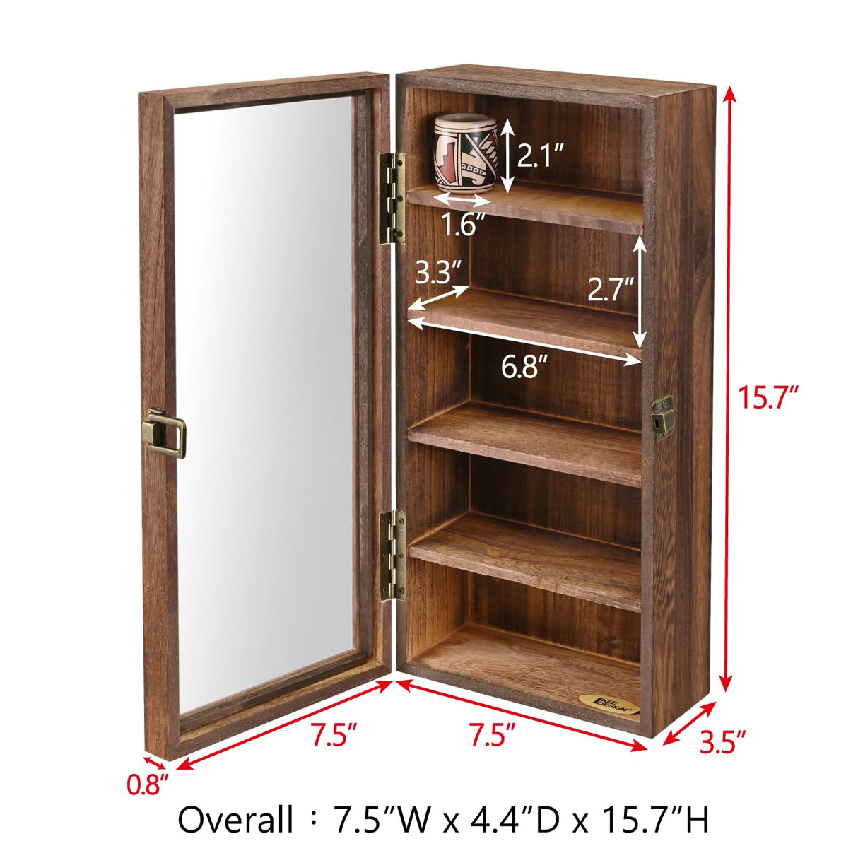 Ikee Design Wall Mounted Wooden Collectible Display Case 5 Shelf Display Storage Accessories with Tempered Glass Door, Sunglass Cabinet, Wall Shadow Box, Brown Color Ikee Design