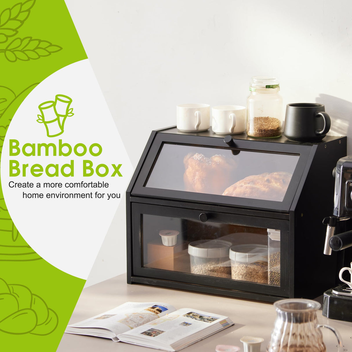 Farmhouse Bread Box for Kitchen Countertop Bread box Double Layer Bamboo Wooden Extra Large Capacity Bin Kitchen Food Storage Container(Black) BMOSU