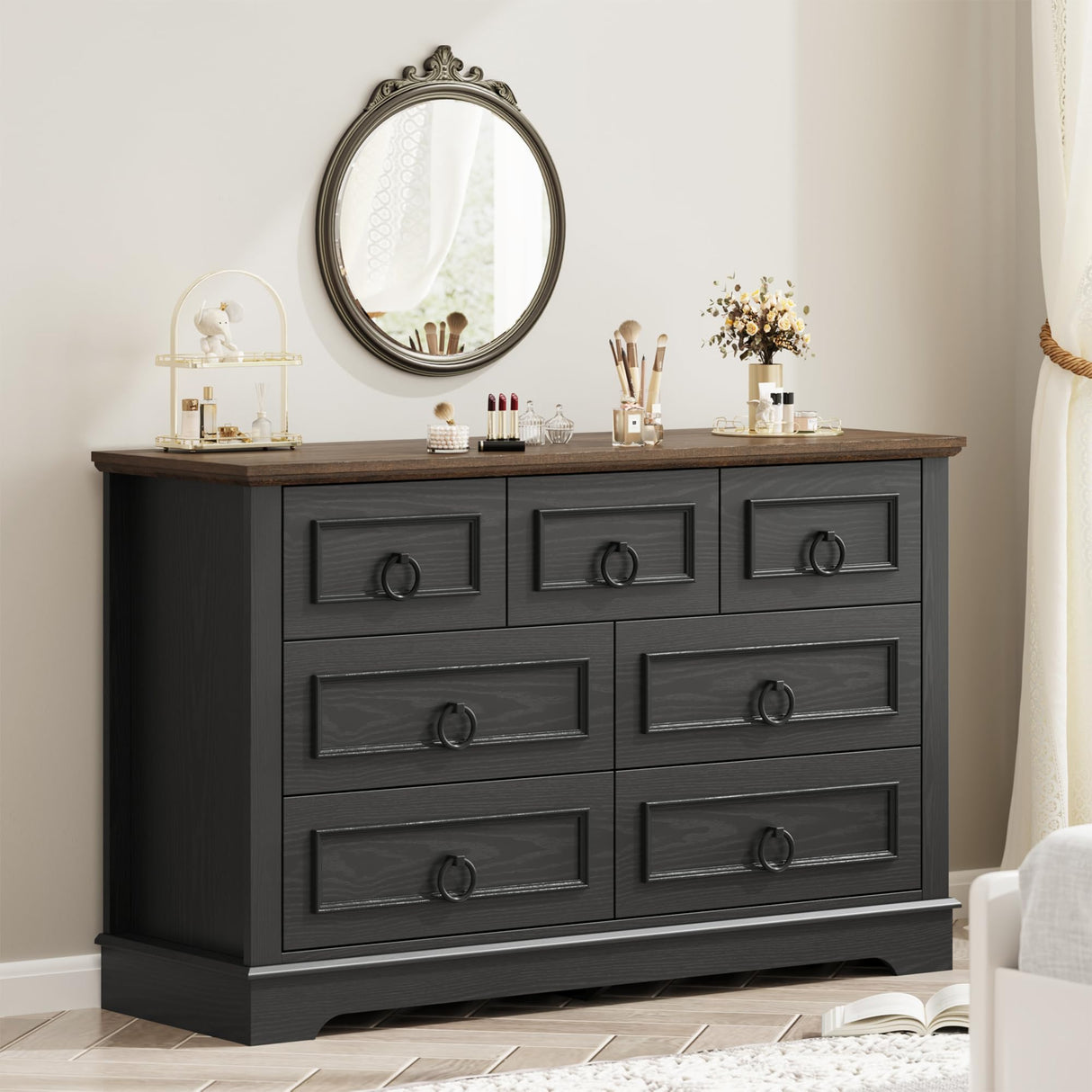 LIKIMIO Farmhouse Dresser for Bedroom with 7 Drawer, 47.2" Wide Wood Rustic Chest of Drawers with Round Metal Handle, Thickened Desktop, Storage Dressers for Bedroom, Hallway, Entryway, Black LIKIMIO