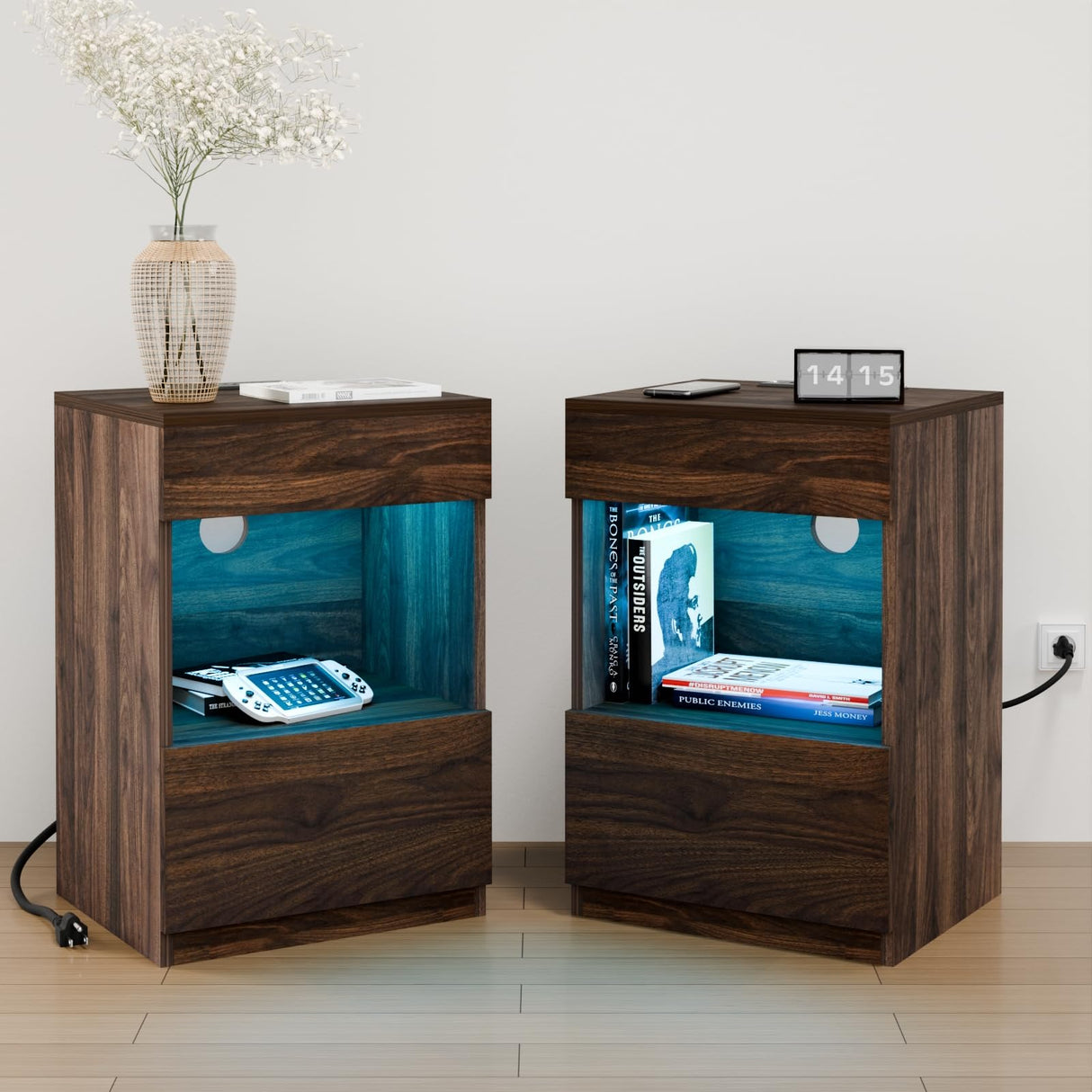 HOMMPA Set of 2 Open Shelf LED Nightstands with Charging Station Dark Walnut 2 Drawers Bedside Tables with Led Light Night Stands with Storage Smart Nightstads Wood Night Table Mid Century for Bedroom HOMMPA