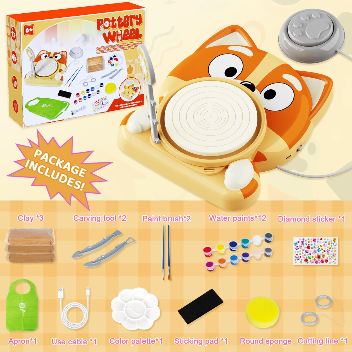 Pottery Wheel for Kids - Complete Pottery Tools Kit for Beginners, Arts and Crafts for Kids Ages 8-12 with 3 Pack Air Dry Clay, Mini Clay Making Pottery Wheel with Foot Pedal (Dog, Patented) Innofans