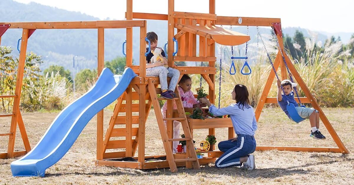 Dolphin Playground Swing Sets for Backyard with Monkey bar, Wooden Playground Sets for Backyards with 8FT Wave Slide, Multi-Functional Shelf, 2 Belt Swings, Outdoor Playset for Kids 3-10 DOLPHIN PLAYGROUND T