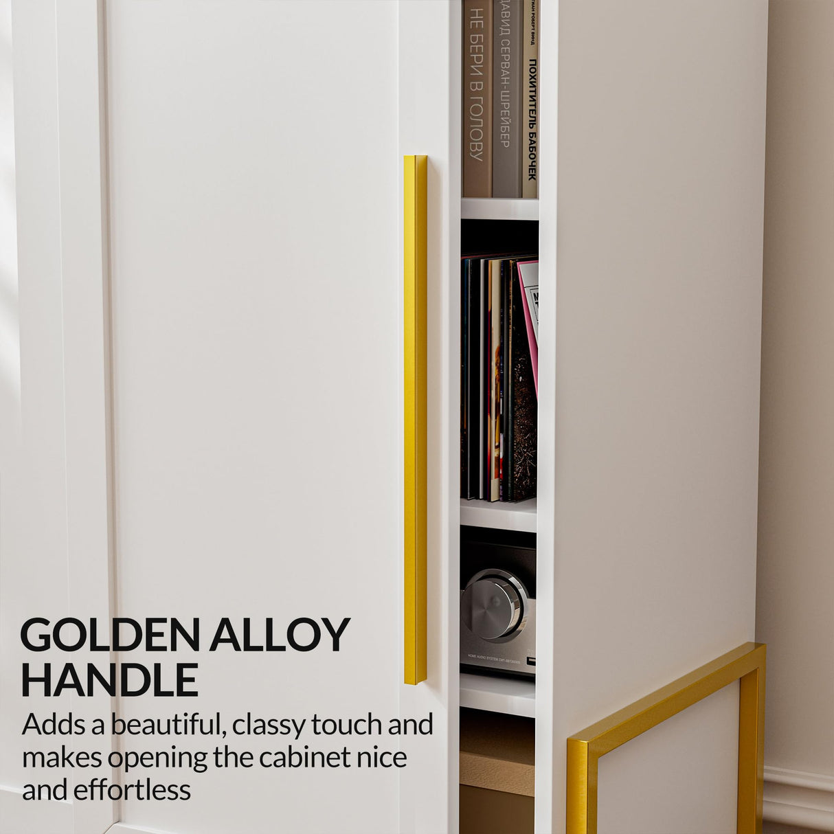 BELLEZE Storage Cabinet with LED Lighting, Sideboard with Sliding Doors and Adjustable Shelves, Entryway Shoe Rack, Accent Cabinet for Living Room and Bathroom - Dana (White) BELLEZE