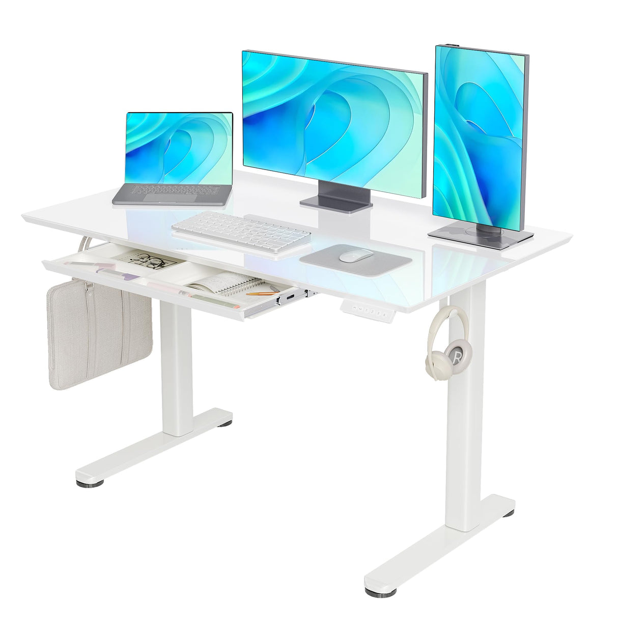 Claiks Glass Standing Desk with Drawers, 48×24 Inch Electric Adjustable Height Stand Up Desk Quick Install Computer Desk, White Claiks