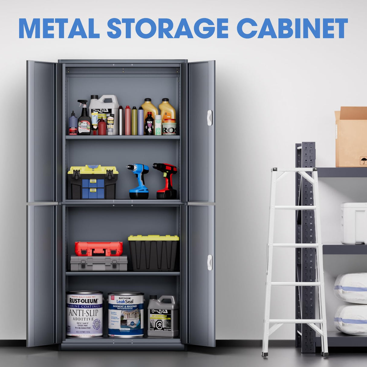 DNA MOTORING 71'' Metal Garage Storage Cabinet, Locking Tool Cabinet with 4 Doors and 2 Adjustable Shelves, Heavy Duty Metal Locker for Garage,Office,Home,Gym,Gray, TOOLS-00634-GY-GY-A DNA MOTORING