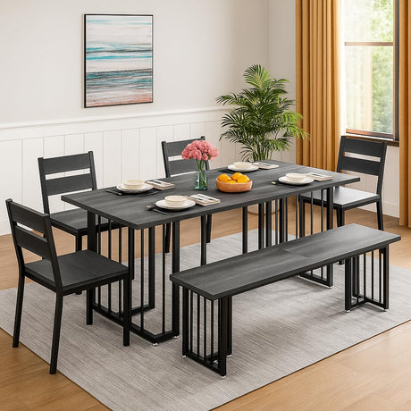 DWVO 63 Inch Dining Table Set for 6-8 People 6-Piece Large Kitchen Table Set with 2 Benches and 4 Chairs Farmhouse Rectangular Dining Room Table for Kitchen Dining Room Apartment Dark Grey DWVO