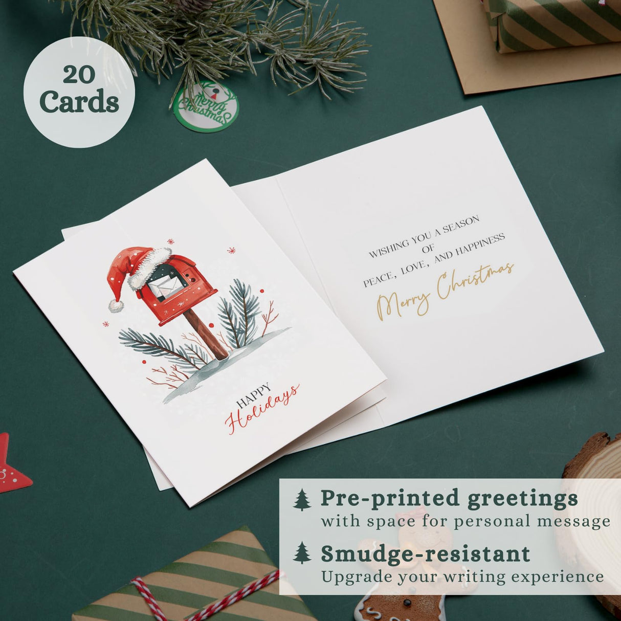 Merry Christmas Cards Boxed with Envelopes, Set of 20 Watercolor Designs Cards - 4x6 Inches Bulk Christmas Cards with Envelopes & Matching Stickers, Smudge-resistant Heavy Duty Cardstock Paper Play