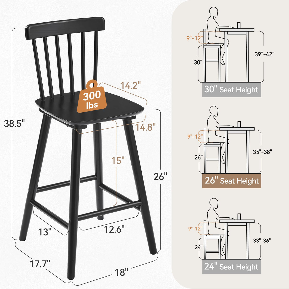 LUE BONA Windsor Wooden Bar Stools Set of 3 for Kitchen Island, Farmhouse 26 Inch Counter Height Stools Chairs with Spindle Back, Black LUE BONA