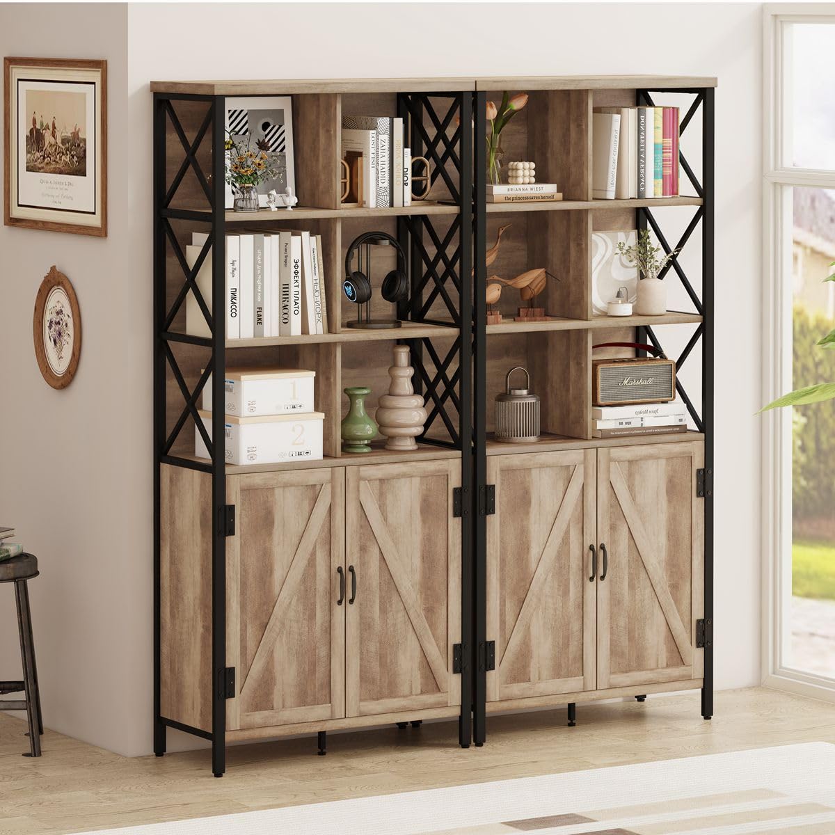 Rustic Oak FATORRI Tall Bookcase with Doors and 6 Cube Organiser for Living Room - WoodArtSupply