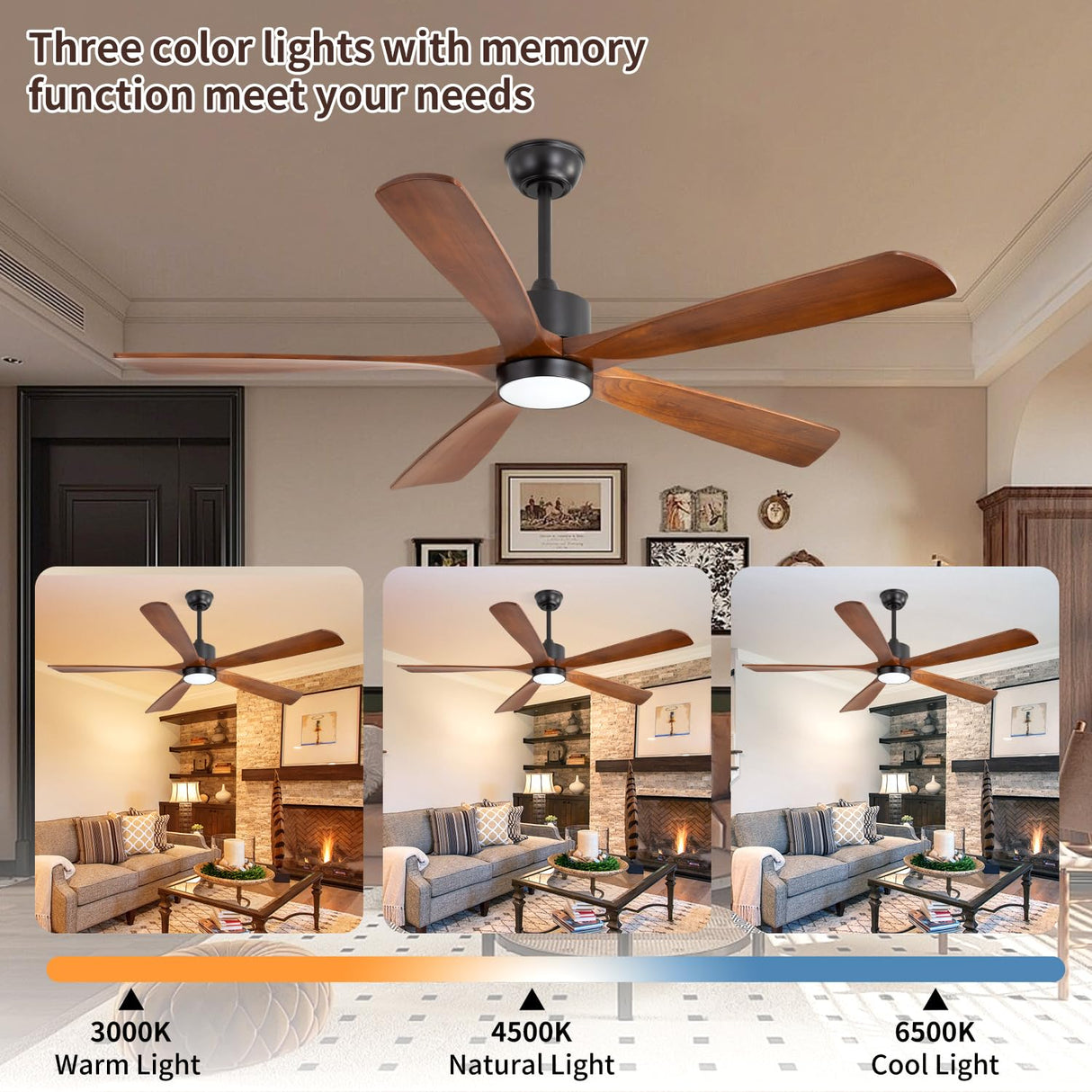 60 inch Outdoor Ceiling Fans for Patios, Natural Solid Wood 60 inch Ceiling Fan with Light, 6 Speeds Quiet Reversible & 3-Color Light, Modern Ceiling Fan for Kitchen, Bedroom, Patio Mount Jasper