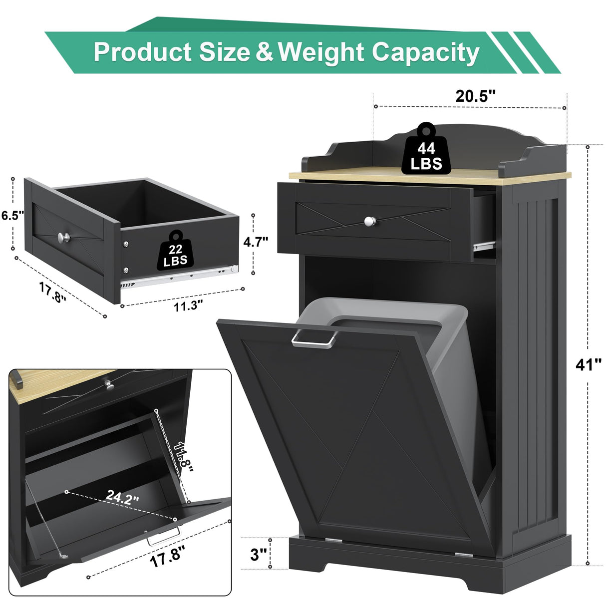 Tilt Out Laundry Hamper Cabinet with Drawer, Tilt Out Trash Can Cabinet 12 Gallon, Kitchen Island with Trash Can Cabinet, Trash Garbage Can Bin Cabinet for Laundry Room, Kitchen (Black, single door) Jehiatek