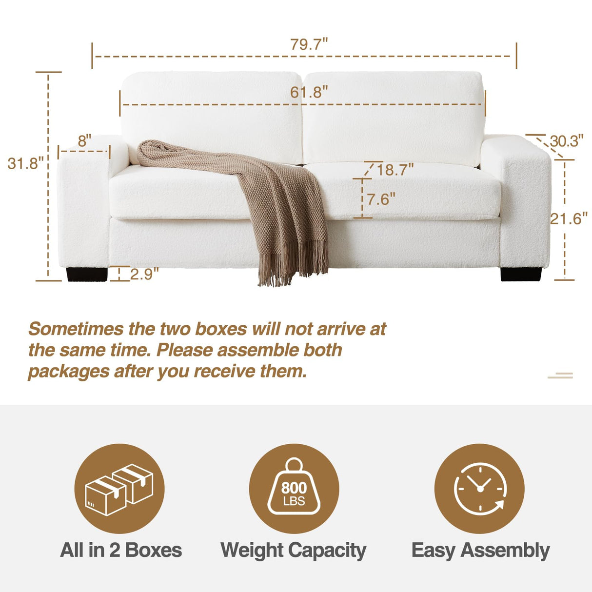 FiveWillowise 79" Loveseat Sofa for Living Room, Modern Comfy Couch with Charging Ports and Solid Wood Legs, Small Couch Sofa for Small Space,Apartment,Bedroom,Livingroom,White FiveWillowise